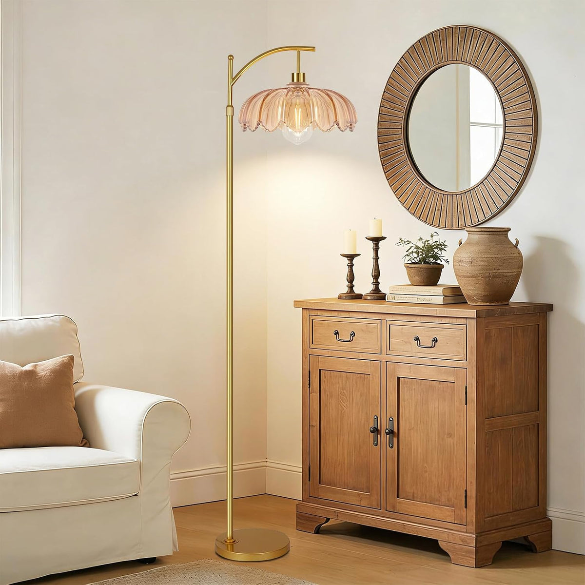 QIYIZM Glass Floor Lamp for Living Room,Bedroom,Gold Dimmable Standing Lamp w...
