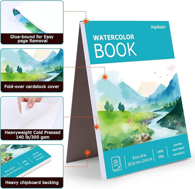 Hapikalor 8"x10" Watercolor Paper Pad, 140lb/300gsm Artist Painting Drawing - Image 7