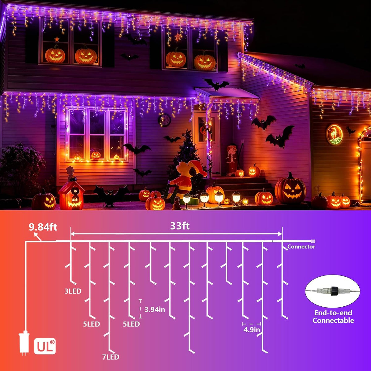 YEGUO 33ft 400 LED Orange and Purple Icicle Halloween Lights, 80 Drops Icicle...