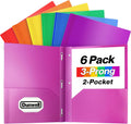 Dunwell Plastic 2-Pocket Folders with 3 Prongs, Assorted, 6 Pack | Tear-Resistant Acid-Free Poly, 3-Clasp Folders with Fasteners, Includes Labels