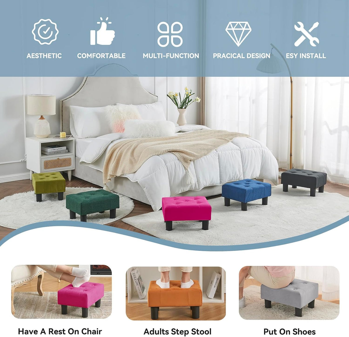 Poofzy Small Foot Stool Ottoman, Velvet Ottoman Foot Rest with Legs, Rectangl...