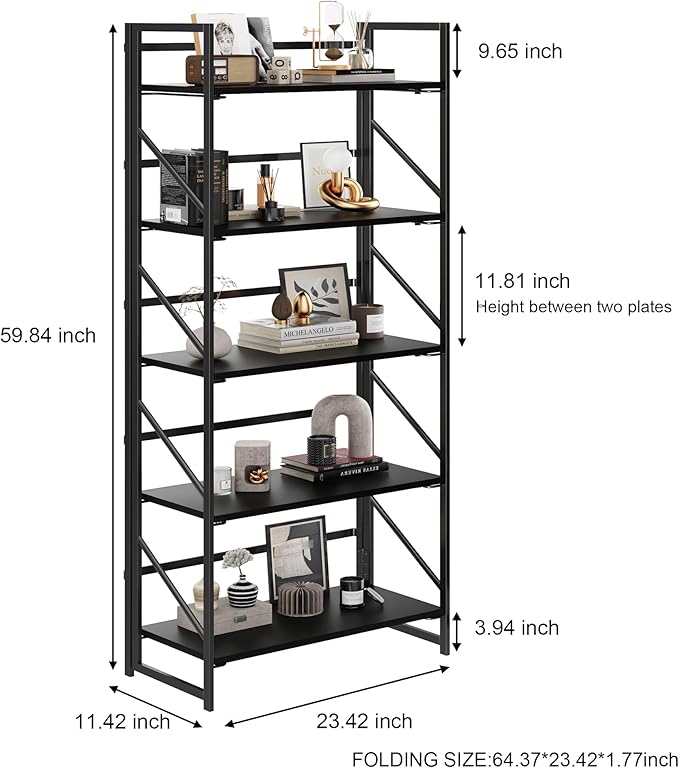 JSB No Assembly Folding Bookshelf, 5 Tier Industrial Metal Book Shelf - Image 3