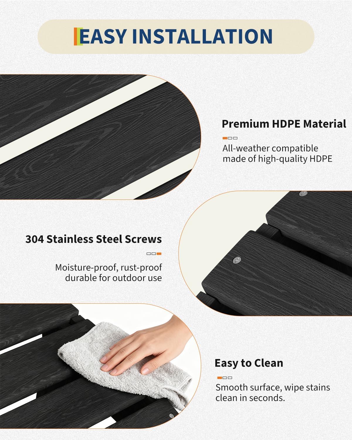Folding Adirondack Ottoman, HDPE Footrest for Oudoor Chair, Black