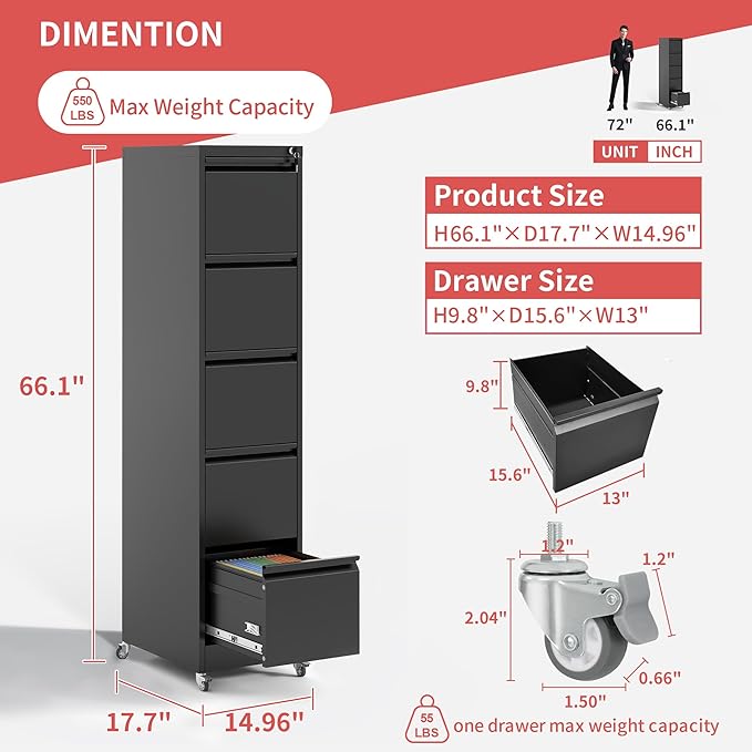 IKIMI 5 Drawer Locking File Cabinet - Image 3