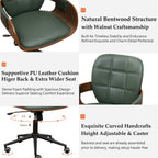 Mid Century Modern Desk Chair, Faux Leather Office Chair with Walnut Finish | Ergonomic Curved Back, Bentwood Frame, 360° Swivel & Rocking Function, Height Adjustable 19"-23", Support Up to 350 lbs