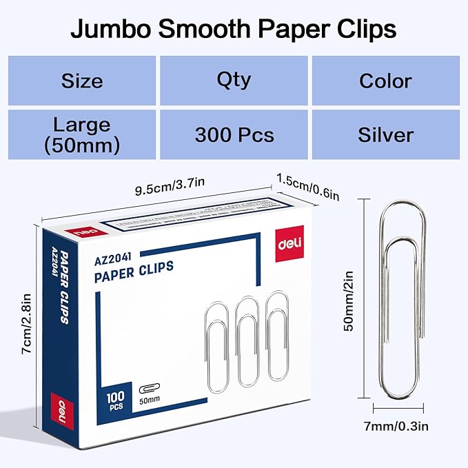 Deli Jumbo Paper Clips Smooth, 300 Large Paper Clips, 3 Boxes of 100 Each - Image 2