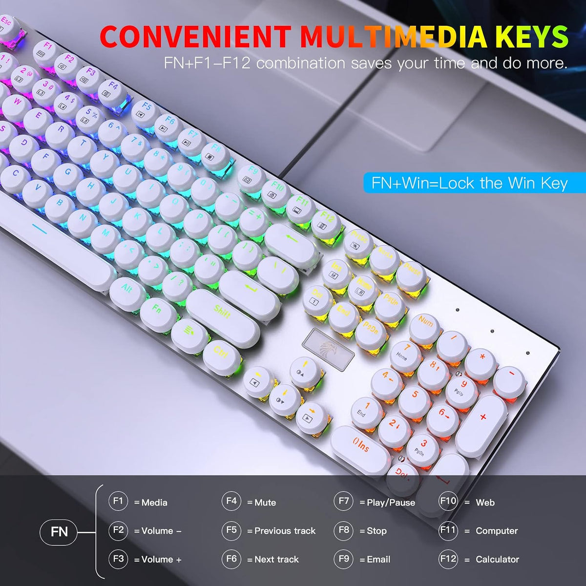 HUO JI E-Yooso Z-88 Wired Typewriter Style Mechanical Keyboard, White