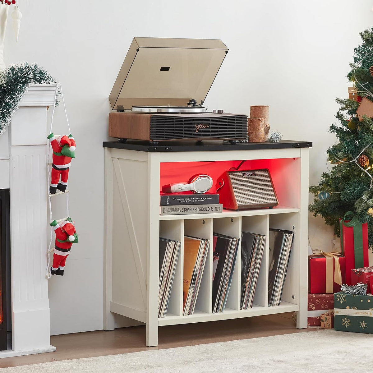 Joaxswe Large Record Player Stand with Charging Station & LED Lights, Vin...