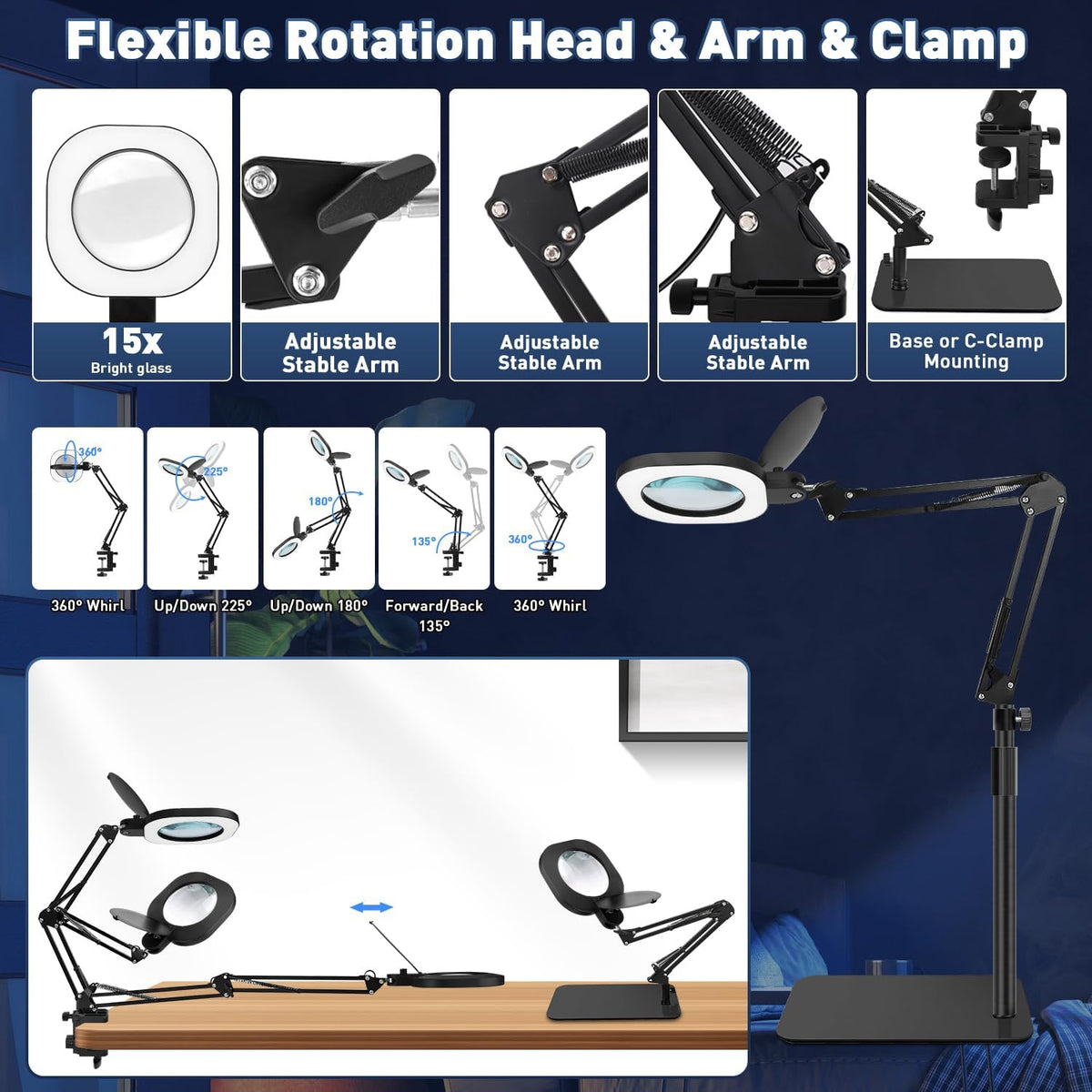 15X Real Glass Standing Magnifying Glass with Light and Stand, 3-in-1 Adjusta...