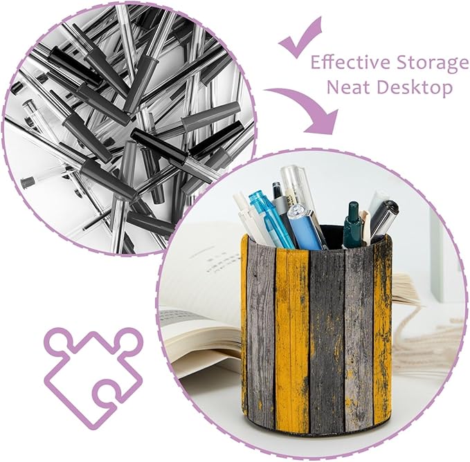 Leather Pen Holder for Desk Yellow Grey Gradient Wood Planks Pattern Pencil Cup - Image 4