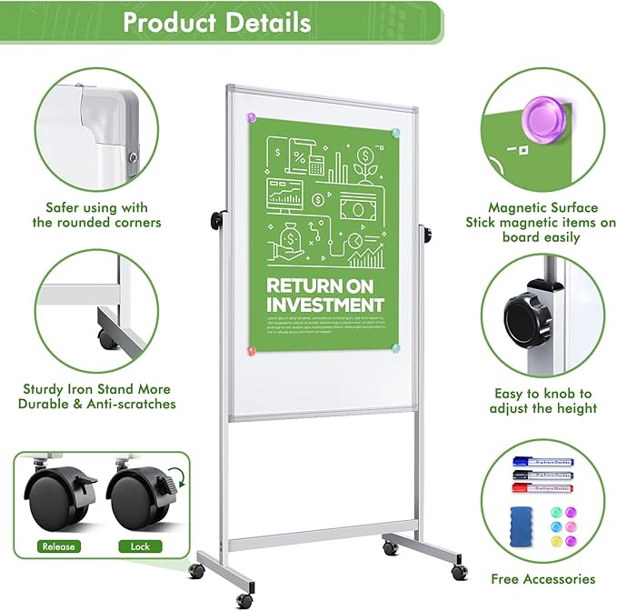 Rolling Whiteboard on Wheels, 32x48 Inches Double-Sided Magnetic Dry Erase Board - Image 6
