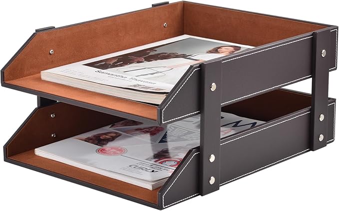 XNONE Leather Desk Organizer, 2-Tier Stackable Letter Tray Holder, Office by XNONE