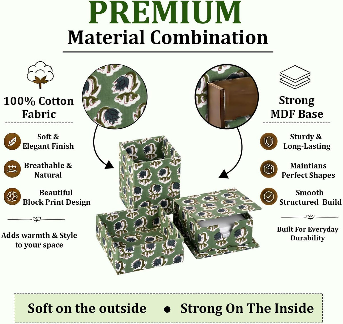 Ridhi Basil Green Block Print Desk Organizer Pen & Notepad Holder Set-3