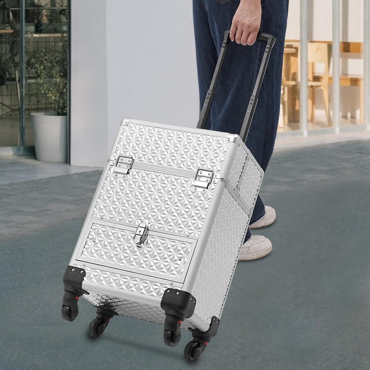 Professional Rolling Makeup Train Case - Heavy Duty Aluminum Alloy Beauty Org...