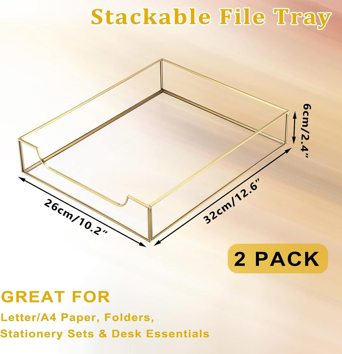 BTSKY 2 Pack Golden Glass Desk Tray, Multi-Purpose Organizer for A4 Paper, Do...