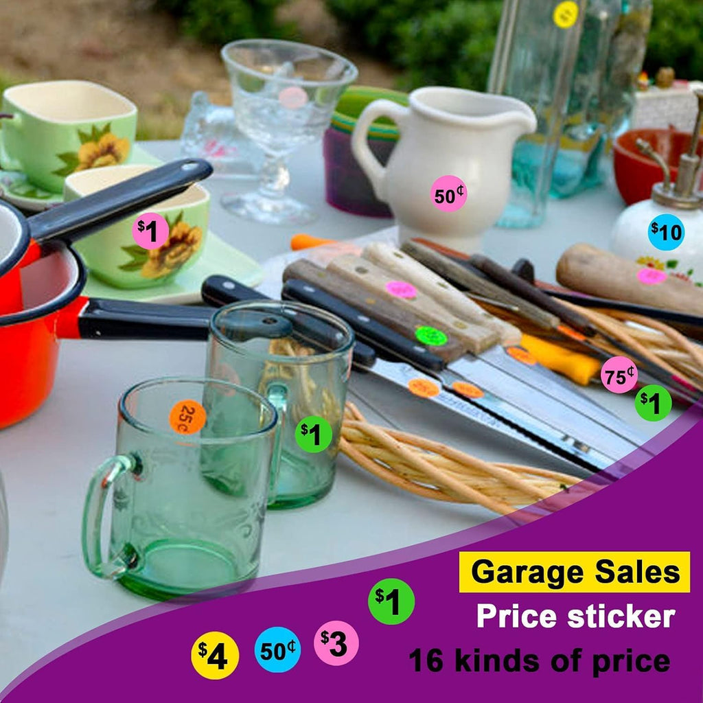 Dreecy Yard Sale Price Stickers Garage Sale Pre-Priced Price Tag Labels, 1920 PCS 3/4" Diameter Flea Market Pre-Printed Pricing Stickers for Retail,Bright Neon Colors (Pink Green Blue Yellow)