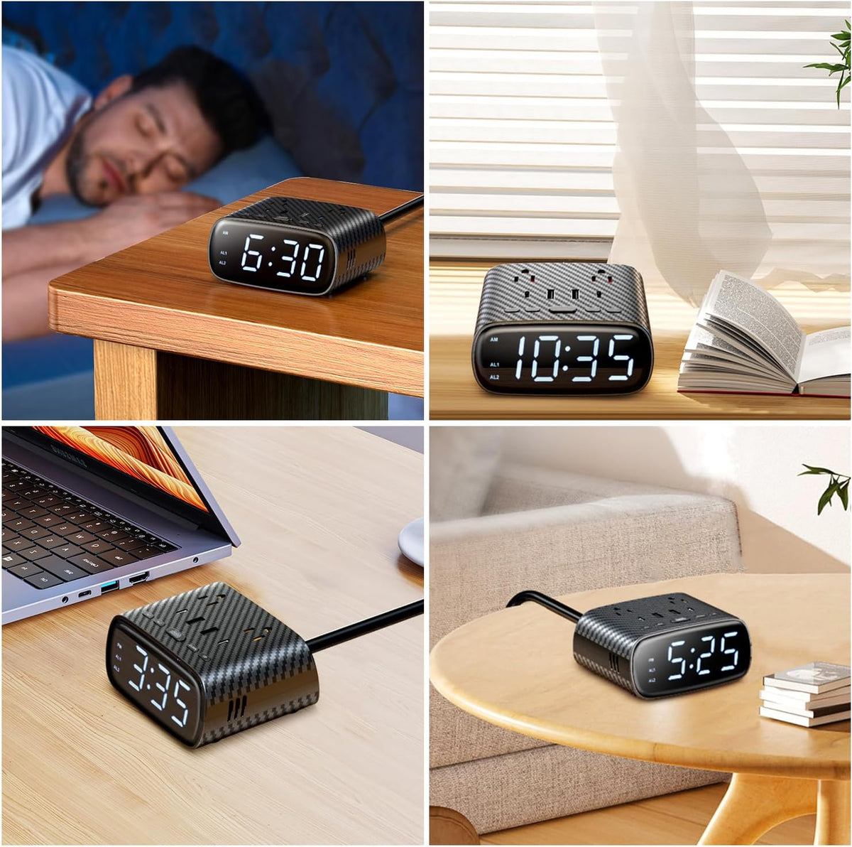 sussex alarm clock with 2 usb-c, 2 usb-a on a desk or shelf