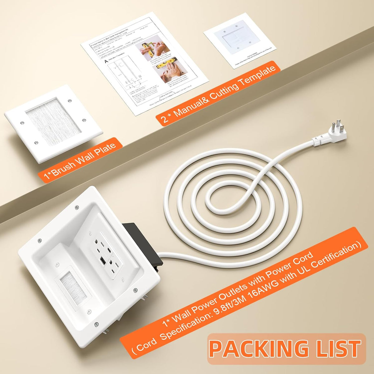 in Wall Cable Management Kit with Brush Wall Plate,AC Outlets & USB-A+USB...