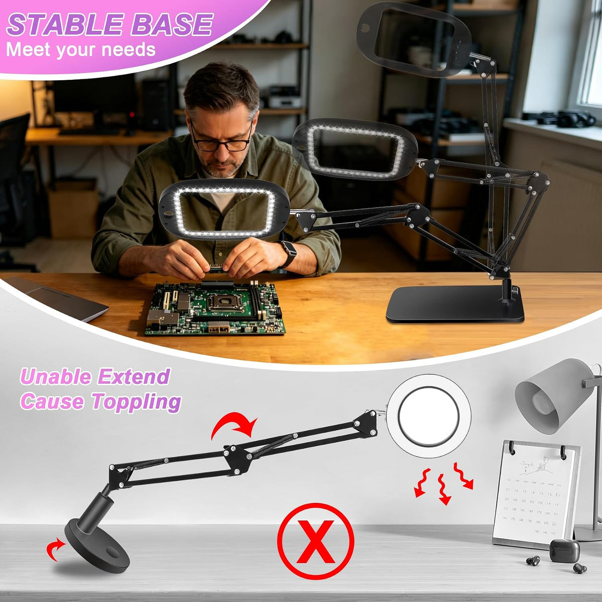 10X 30X Large Magnifying Glass with Light and Stand, Hands-Free Magnifier