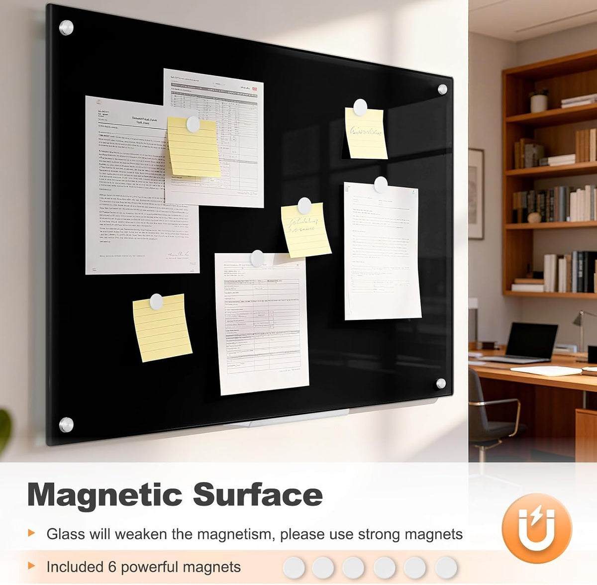 36” x 24” Black Dry Erase Board, Magnetic Tempered Glass Board