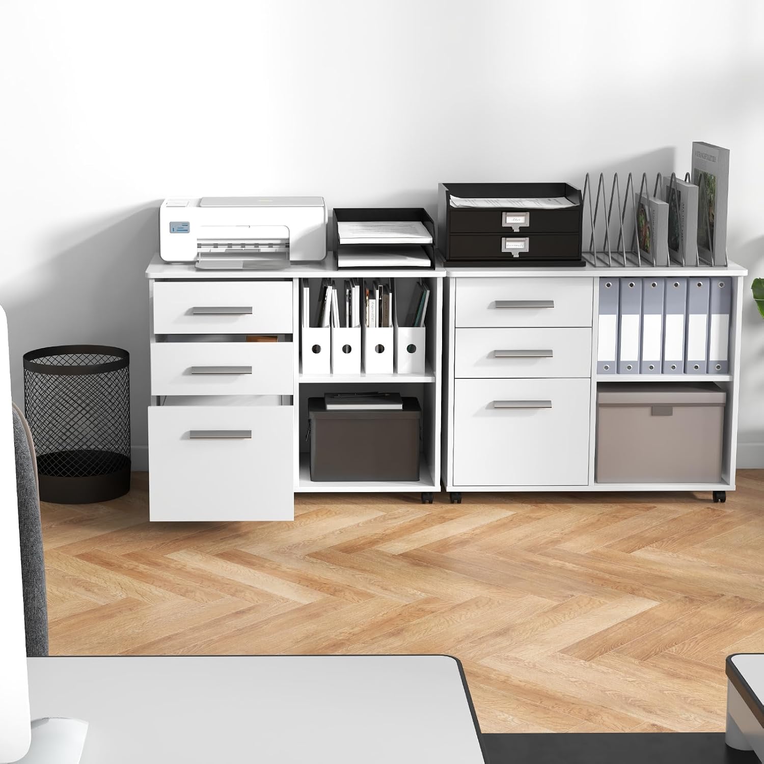 Giantex 3-Drawer File Cabinet for Office - Home Mobile Lateral Filing Cabinet with Hanging Bars, Open Storage Shelves, 5 Universal Wheels, Printer Stand for Letter Size Storage Cabinet (White)