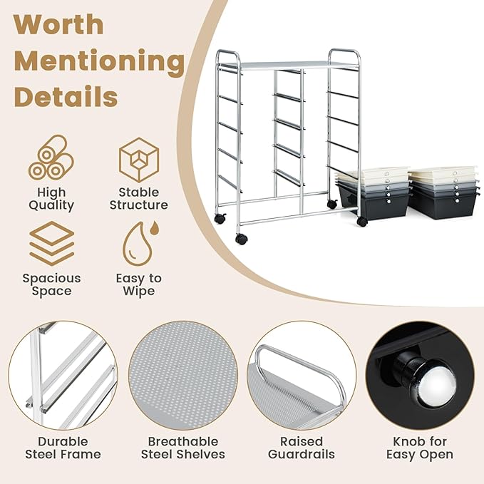 HAPPYGRILL 10-Drawer Rolling Storage Cart, Storage Organizer Cart - Image 4