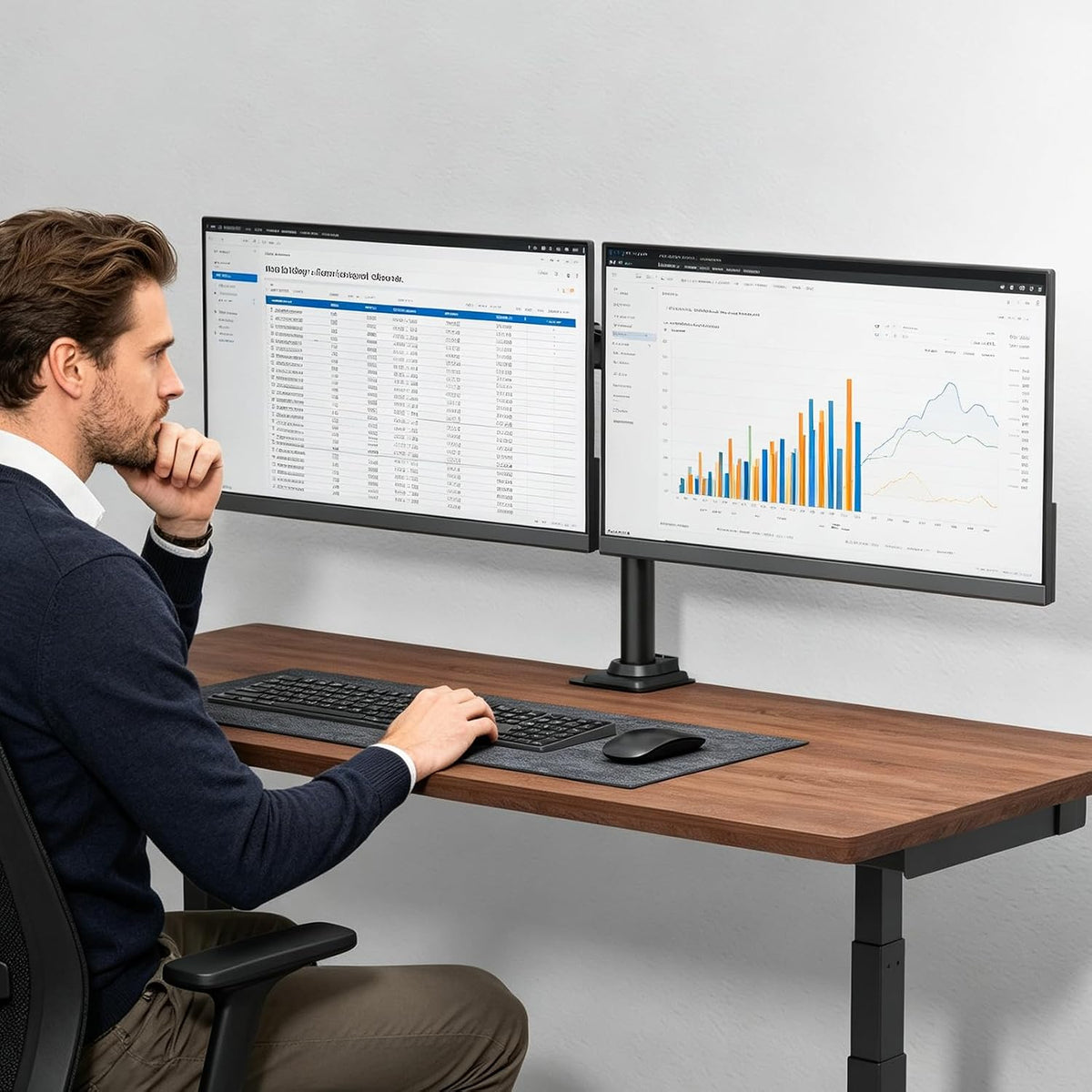 wali articulating dual monitor stand for 13-32 inch on a desk or shelf