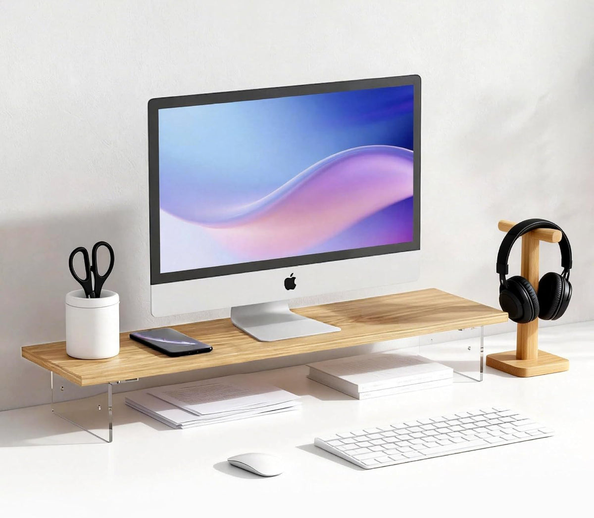 Wood Monitor Stand Riser with Acrylic Legs, Computer Screen Stand Desk Organi...