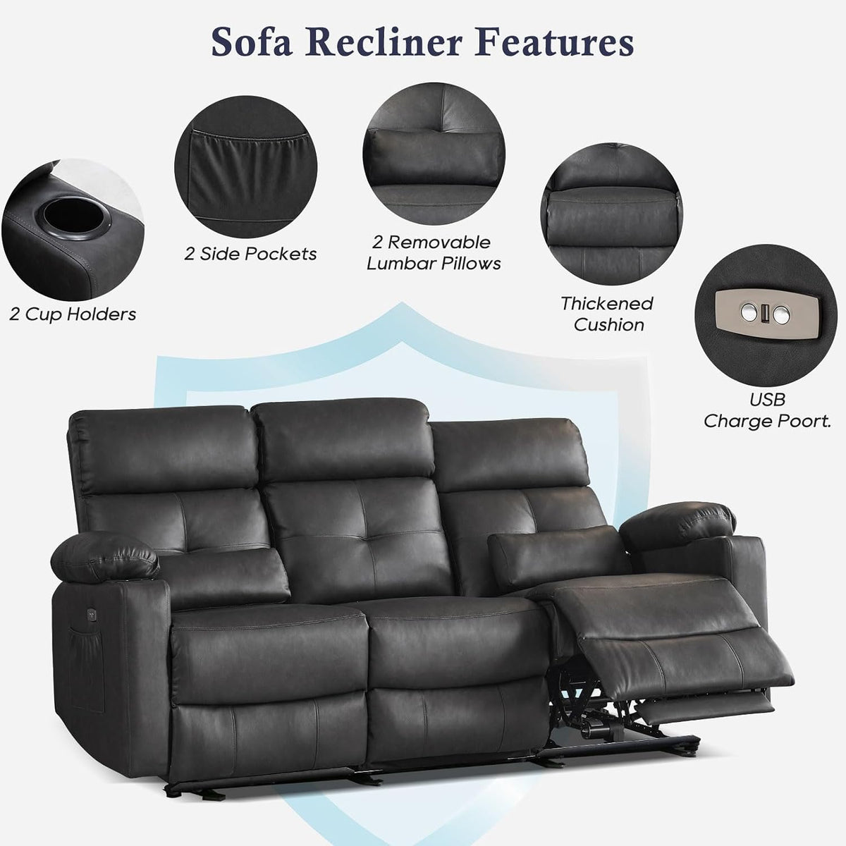 Power Reclining Sofa with Heat and Massage, Electtric Reclining Couch with Ex...