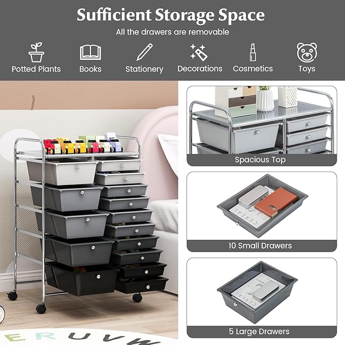 COSTWAY 15 Drawers Storage Cart, Mobile Tools Scrapbook Paper Organizer Cart - Image 4