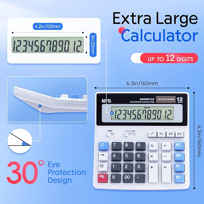 M&G Desk Calculator 12 Digit Extra Large LCD Display, Dual Solar Power and - Image 5