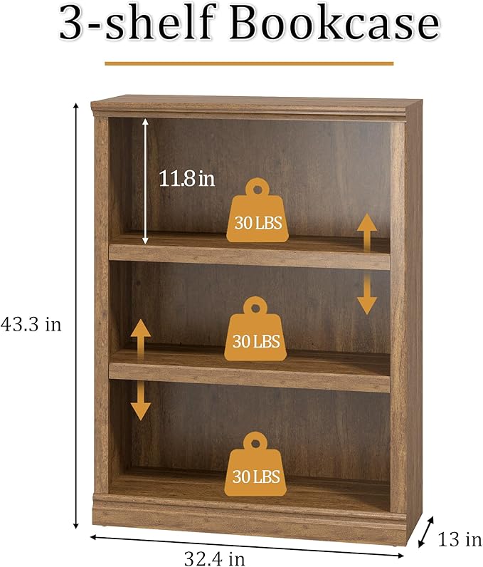 blini 3-Shelf Bookcase Wooden Bookshelves 33in Wide Floor Standing Display - Image 2