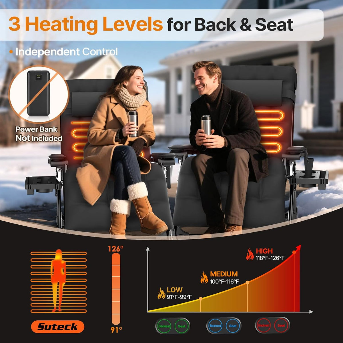 Suteck Heated Zero Gravity Chair, 33" XXL Oversized Reclining Lounge Chairs