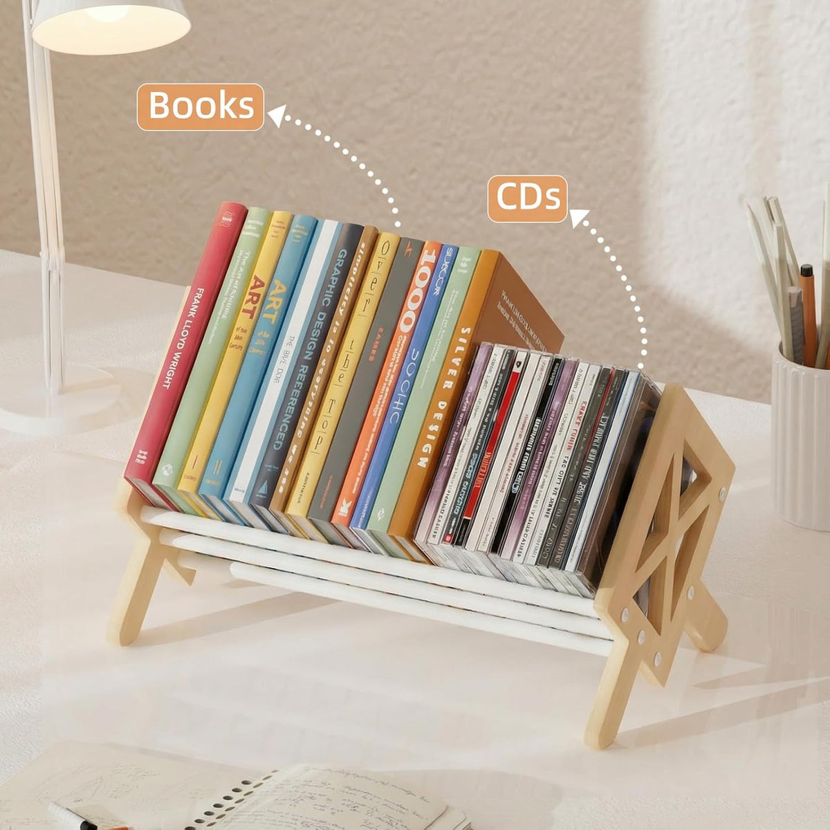 Desktop Bookshelf Organizer, Wood Office Tabletop Book Storage Rack, Tilting ...