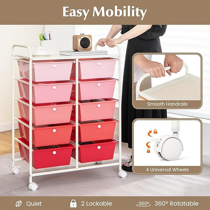 LDAILY 10 Drawer Rolling Cart, Storage Cart Organizer on Wheels, Drawer Cart - Image 4