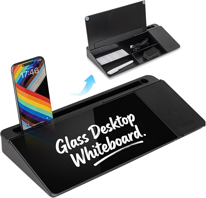 Glass Desktop Whiteboard with Wireless Charger & Storage, Desk Dry Erase Note by Unknown
