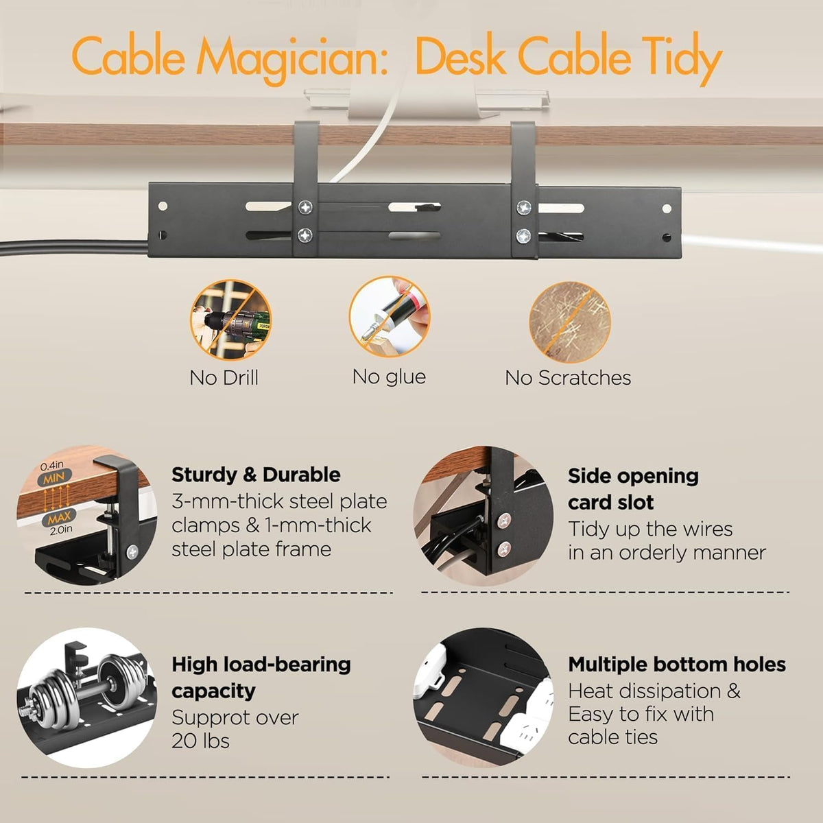 No Drill Under Desk Cable Management Tray, 17”-30” Retractable Cord Organizer...