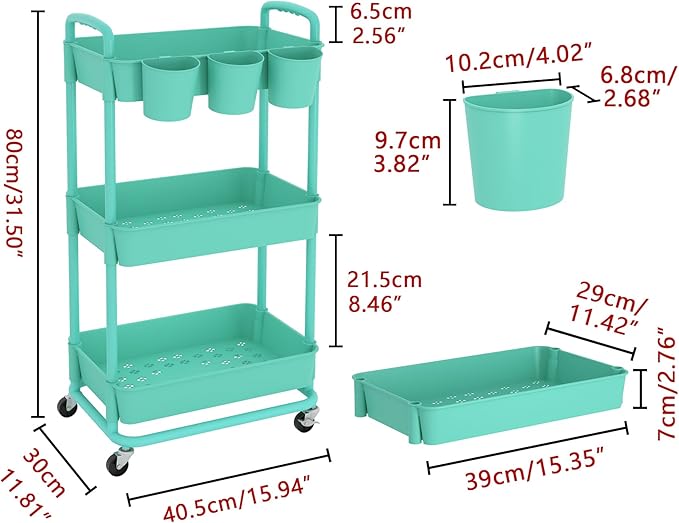 JIUYOTREE 3-Tier Plastic Rolling Storage Cart Utility Cart - Image 2