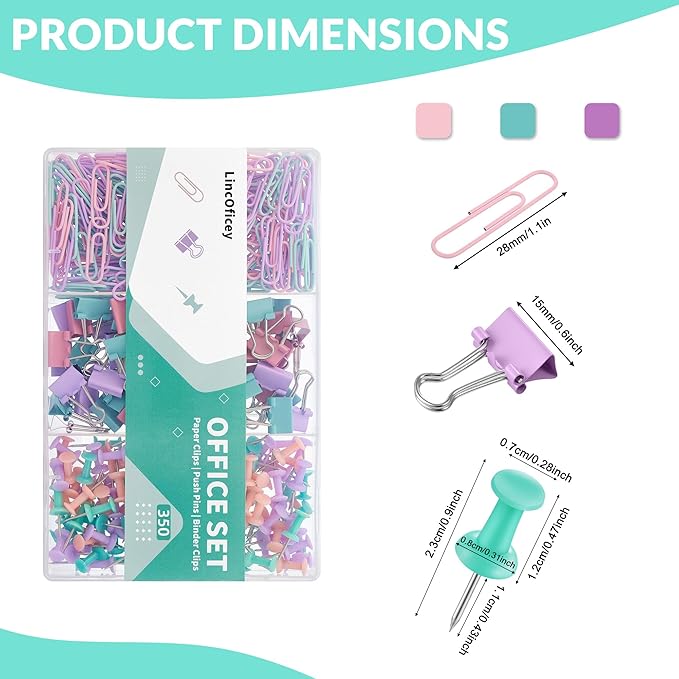 LincOficey 350pcs Paper Clips Binder Clips and Push Pins Set, Small Clips - Image 2