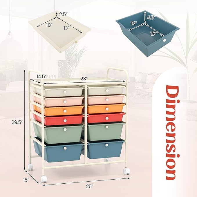 LDAILY 12 Drawer Rolling Storage Cart, Craft Cart Organizer on Wheels w/Metal - Image 3