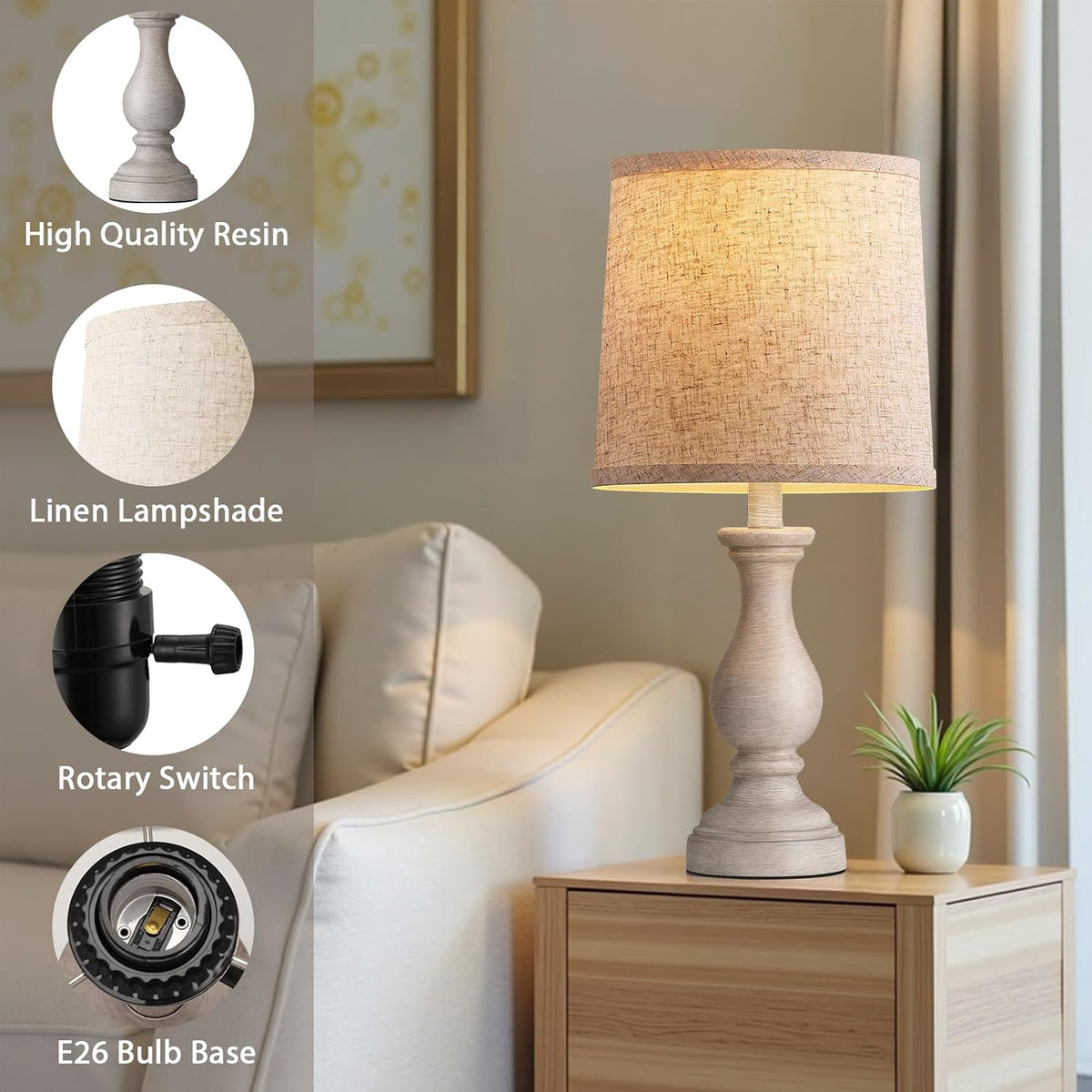 22" farmhouse table lamps set of 2, rustic, close-up detail