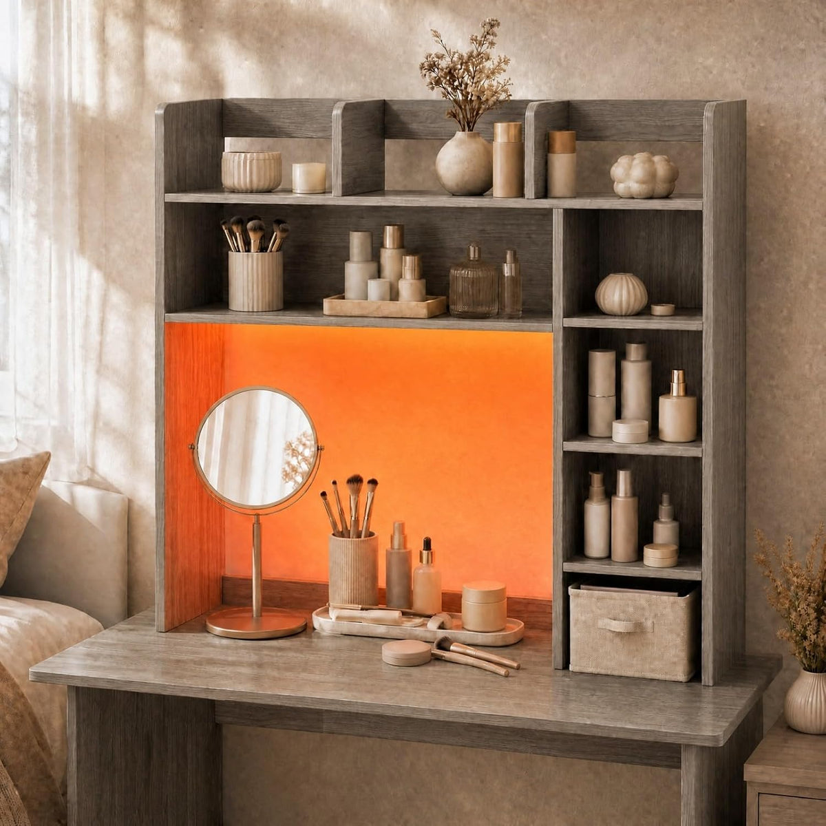 GOFLAME Desk Hutch, 8 Shelves Desktop Bookshelf, 31.5”, Gray