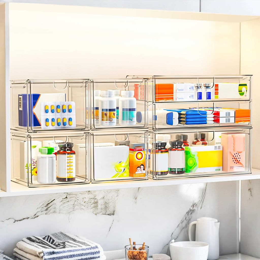 caktraie 6-pack acrylic stackable storage drawers for vanity showing dimensions