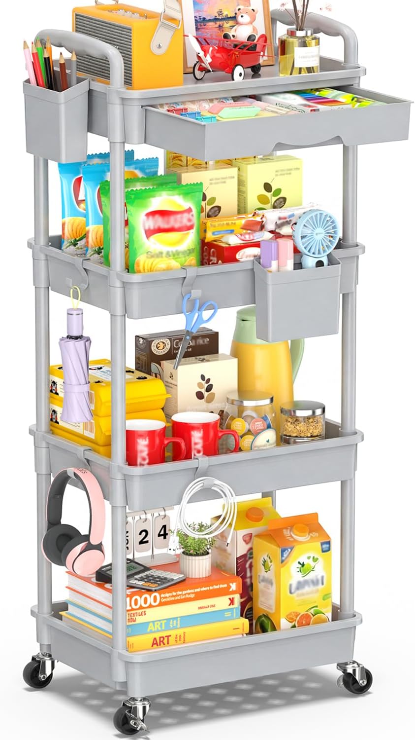 SUNALLY 4 Tier Rolling Cart with Drawer, Craft Storage Cart Organizer, Gray