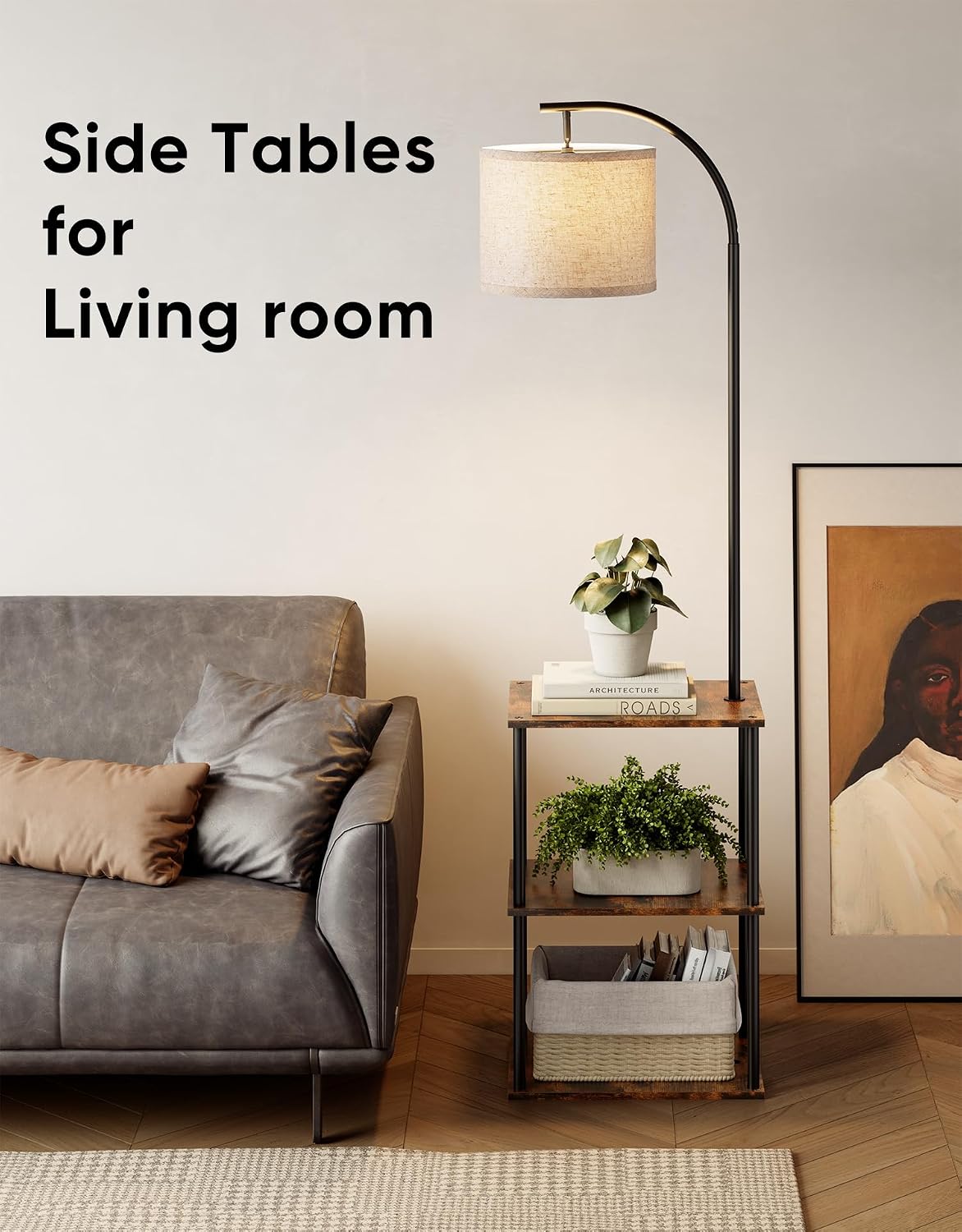Floor Lamp with Table,Night Stand Lamp,End Side Table for Living Room Brown