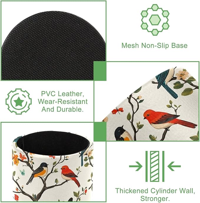 Leather Pen Holder for Desk, Colored Birds Flowers Trees Pencil Cup Desktop - Image 2