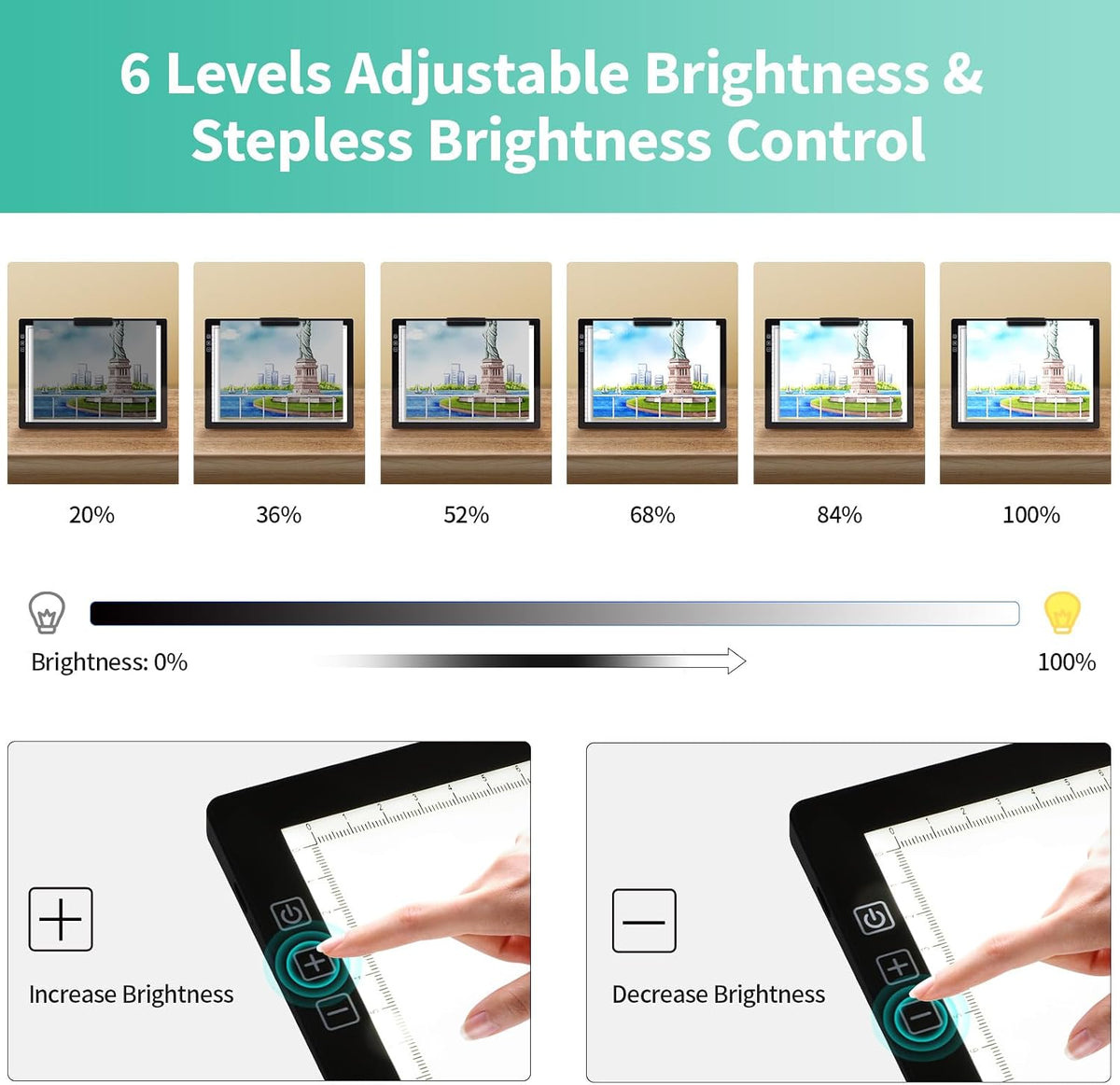 rechargeable a4 light pad - stepless dimmable 6, close-up detail