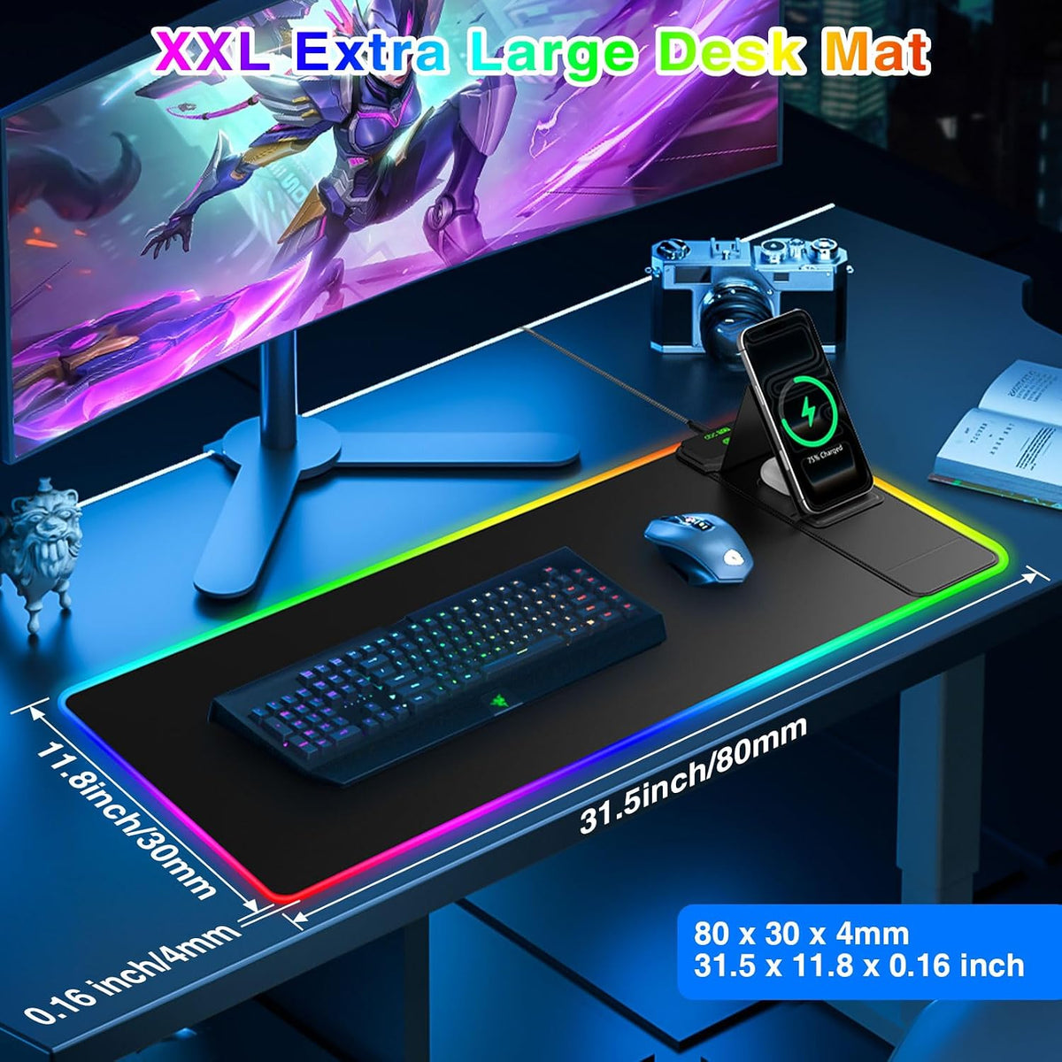RGB Gaming Mouse Pad with Magnetic Wireless Charging & Foldable Phone Stand