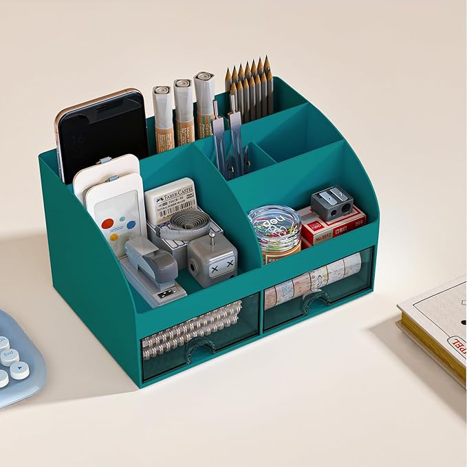 Desk Organizer with 6 Compartments and 2 Drawers, Plastic Makeup Organizer - Image 3