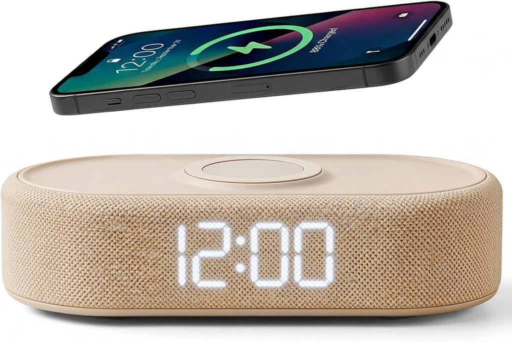 fabric digital alarm clock for bedroom, wireless charging, main product view